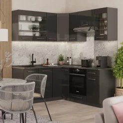 Eckküche Fame-Line Anthrazit Hochglanz 190 x 60 cm , AP Eiche Vicco