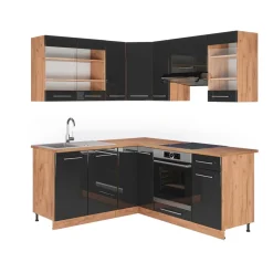 Eckküche Fame-Line Anthrazit Hochglanz/Goldkraft Eiche 190 x 60 cm , AP Eiche Vicco