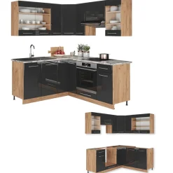 Eckküche Fame-Line Anthrazit Hochglanz/Goldkraft Eiche 190 x 60 cm , AP Eiche Vicco