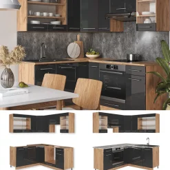 Eckküche Fame-Line Anthrazit Hochglanz/Goldkraft Eiche 190 x 60 cm , AP Anthrazit Vicco