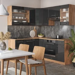 Eckküche Fame-Line Anthrazit Hochglanz/Goldkraft Eiche 190 x 60 cm , AP Marmor Vicco