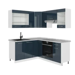 Eckküche Fame-Line Dunkelblau Hochglanz/Weiß 190 x 46 cm ohne Arbeitsplatte Vicco