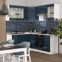 Eckküche Fame-Line Dunkelblau Hochglanz/Weiß 190 x 46 cm ohne Arbeitsplatte Vicco