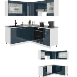 Eckküche Fame-Line Dunkelblau Hochglanz/Weiß 190 x 46 cm ohne Arbeitsplatte Vicco