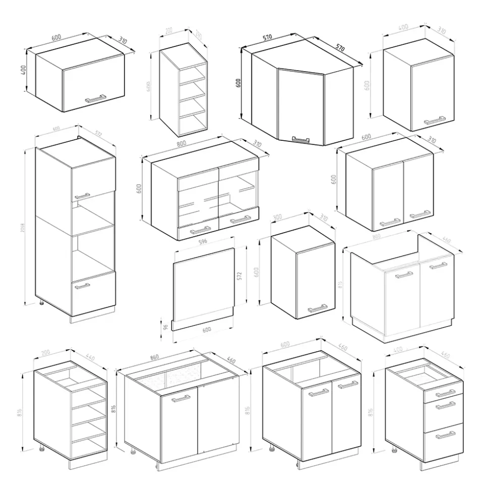 Eckküche R-Line Edelgrau/Weiß 247 x 60 cm , AP Eiche Vicco