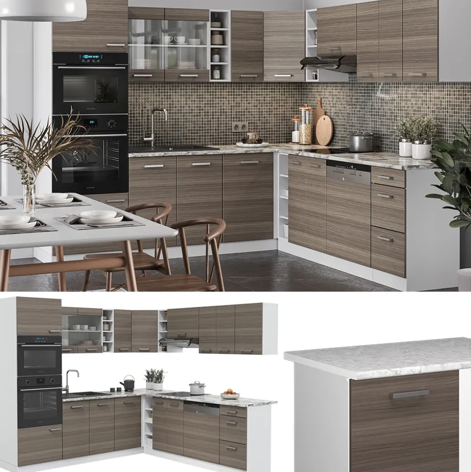 Eckküche R-Line Edelgrau/Weiß 247 x 60 cm , AP Eiche Vicco