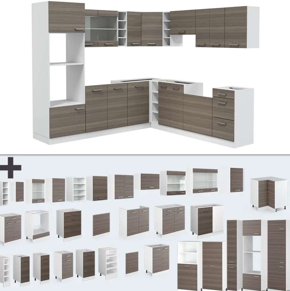 Eckküche R-Line Edelgrau/Weiß 247 x 60 cm , AP Eiche Vicco