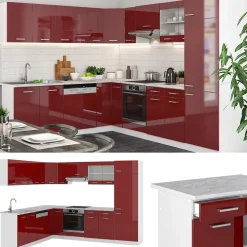 Eckküche R-Line Rot Hochglanz/Weiß 287 x 60 cm , AP Eiche Vicco