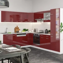 Eckküche R-Line Rot Hochglanz/Weiß 287 x 60 cm , AP Eiche Vicco