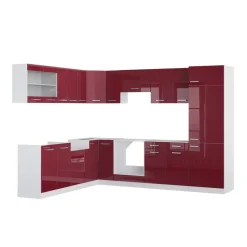 Eckküche R-Line Rot Hochglanz/Weiß 287 x 60 cm , AP Eiche Vicco