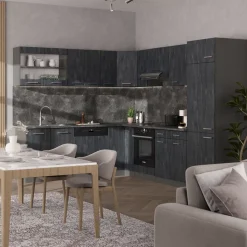 Eckküche R-Line Schwarz Beton/Anthrazit 287 x 46 cm ohne Arbeitsplatte Vicco