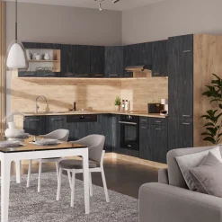 Eckküche R-Line Schwarz Beton/Goldkraft Eiche 287 x 60 cm AP Marmor Vicco