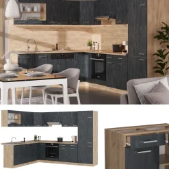 Eckküche R-Line Schwarz Beton/Goldkraft Eiche 287 x 60 cm AP Marmor Vicco