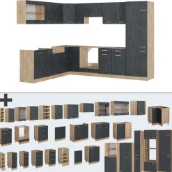 Eckküche R-Line Schwarz Beton/Goldkraft Eiche 287 x 60 cm AP Marmor Vicco