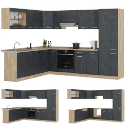 Eckküche R-Line Schwarz Beton/Goldkraft Eiche 287 x 60 cm AP Marmor Vicco