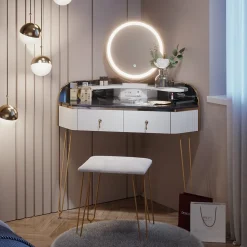 Eckschminktisch Amira Weiß Hochglanz 99 cm mit LED Spiegel, Hocker und USB Vicco