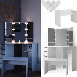 Eckschminktisch Arielle Weiß 110 cm mit LED Beleuchtung und Bank Vicco