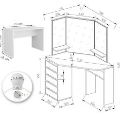 Eckschminktisch Arielle Weiß 110 cm mit LED Beleuchtung und Bank Vicco