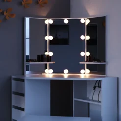 Eckschminktisch Arielle Weiß 110 cm mit LED Beleuchtung und Bank Vicco