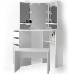 Eckschminktisch Arielle Weiß 110 cm mit LED Beleuchtung und Bank Vicco