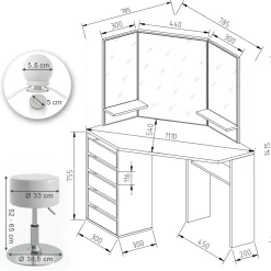 Eckschminktisch Arielle Weiß 110 cm mit LED Beleuchtung und Hocker Vicco