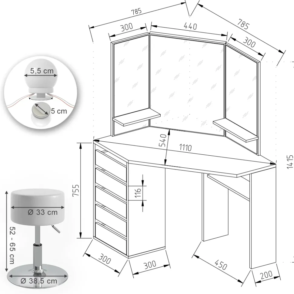 Eckschminktisch Arielle Weiß 110 cm mit Hocker Vicco