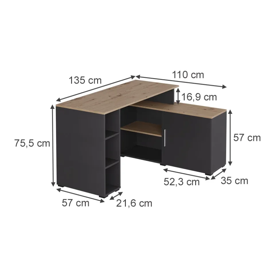 Eckschreibtisch Rudy Anthrazit/Artisan 135 x 110 cm mit Regalen Vicco