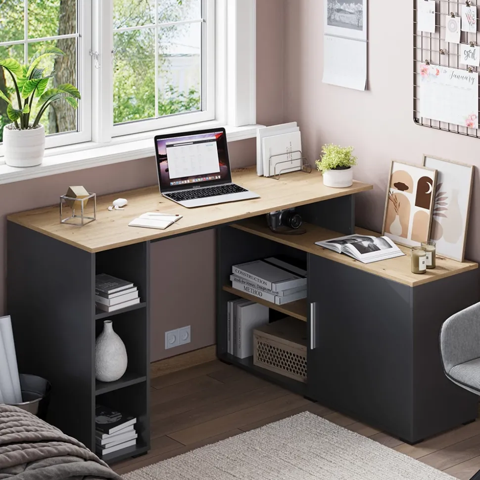 Eckschreibtisch Rudy Anthrazit/Artisan 135 x 110 cm mit Regalen Vicco