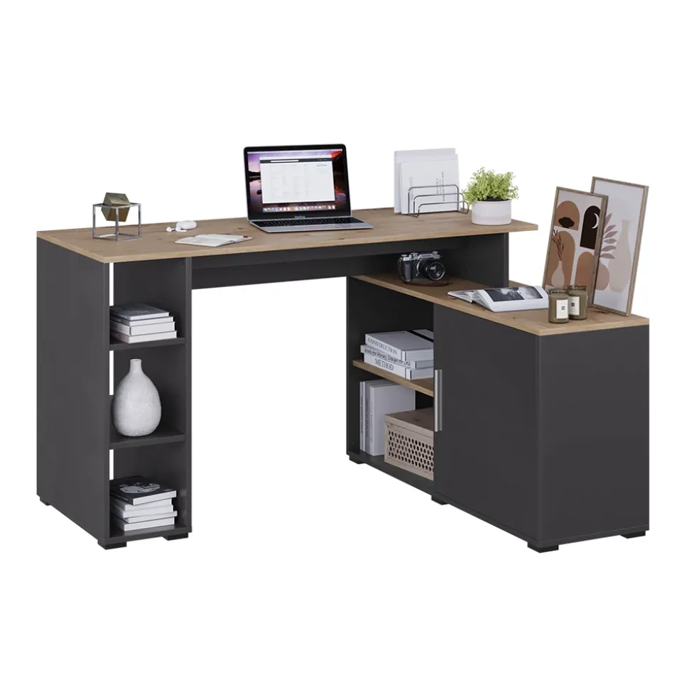 Eckschreibtisch Rudy Anthrazit/Artisan 135 x 110 cm mit Regalen Vicco