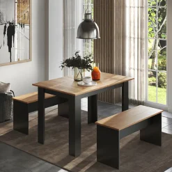 Esstisch Set Sentio Anthrazit/Goldkraft Eiche 112 x 73.6 cm mit 2 Bänken Vicco