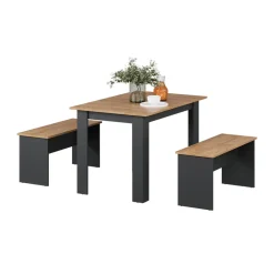Esstisch Set Sentio Anthrazit/Goldkraft Eiche 112 x 73.6 cm mit 2 Bänken Vicco
