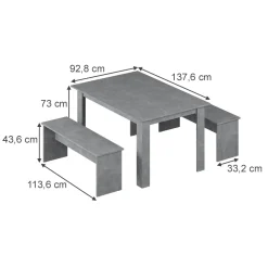 Esstisch Set Sentio Beton 137.6 x 92.8 cm mit 2 Bänken Vicco