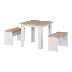 Esstisch Set Sentio Goldkraft Eiche/Weiß 80 x 80 cm mit 2 Bänken Vicco