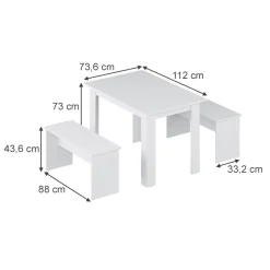 Esstisch Set Sentio Weiß 112 x 73.6 cm mit 2 Bänken Vicco