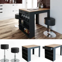 Esstisch-Set Repose Anthrazit/Goldkraft Eiche 67 x 100 cm mit 2 Hockern Vicco