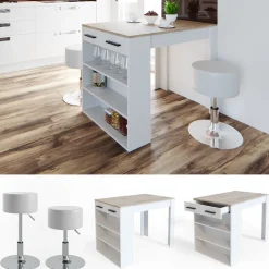 Esstisch-Set Repose Sonoma/Weiß 67 x 100 cm mit 2 Hockern Vicco