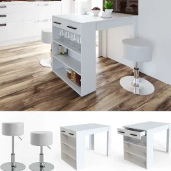 Esstisch-Set Repose Weiß 67 x 100 cm mit 2 Hockern Vicco