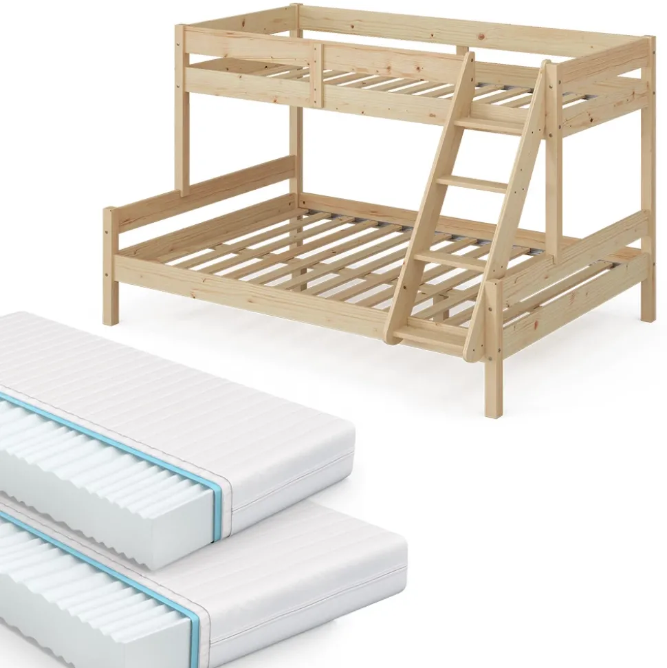 Etagenbett Everest Naturholz 140x200 / 90x200 cm mit 2 Matratzen Vitalispa