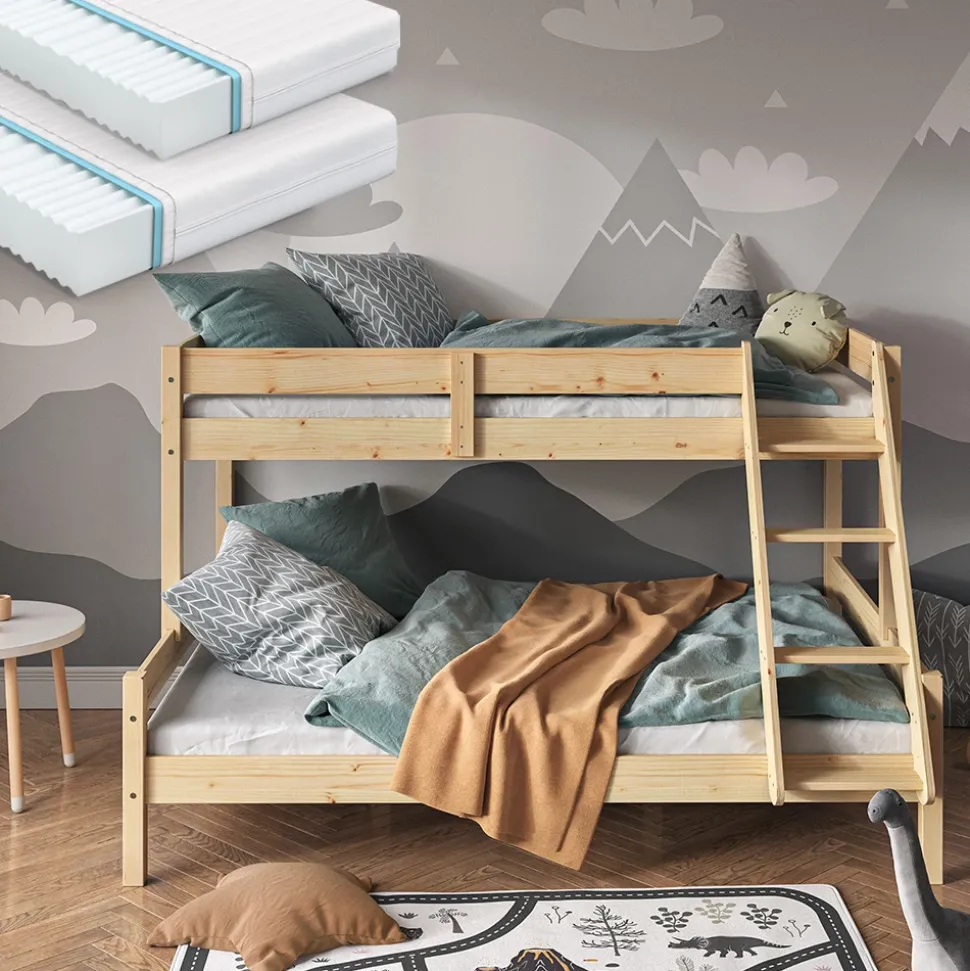 Etagenbett Everest Naturholz 140x200 / 90x200 cm mit 2 Matratzen Vitalispa