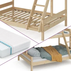 Etagenbett Everest Naturholz 140x200 / 90x200 cm mit 2 Matratzen Vitalispa