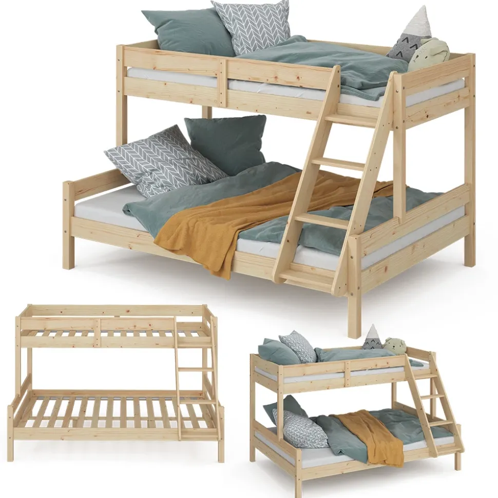 Etagenbett Everest Naturholz 140x200 / 90x200 cm mit 2 Matratzen Vitalispa