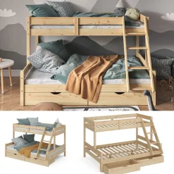 Etagenbett Everest Naturholz 140x200 / 90x200 cm mit Schubladen Vitalispa