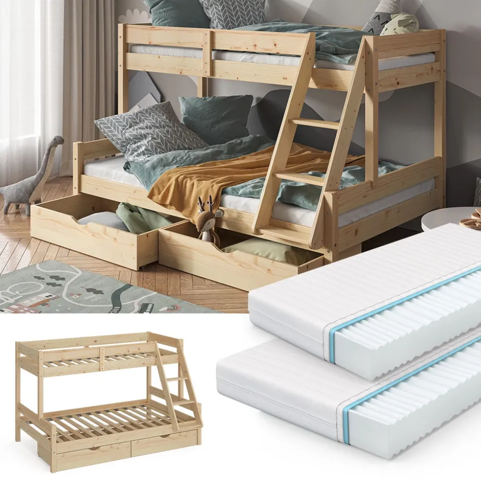 Etagenbett Everest Naturholz 120x200 / 80x200 cm mit 2 Matratzen und 2 Schubkästen Vitalispa