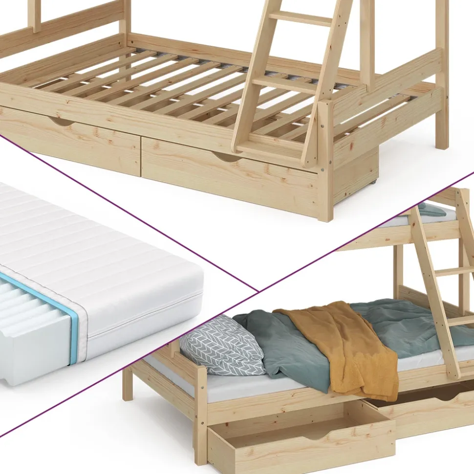Etagenbett Everest Naturholz 120x200 / 80x200 cm mit 2 Matratzen und 2 Schubkästen Vitalispa