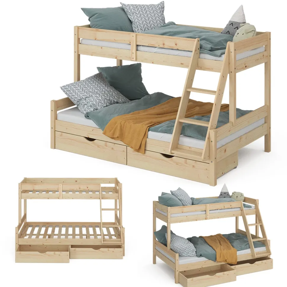 Etagenbett Everest Naturholz 120x200 / 80x200 cm mit 2 Matratzen und 2 Schubkästen Vitalispa