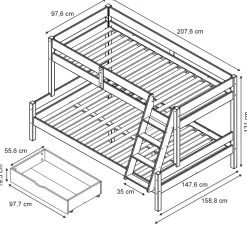 Etagenbett Everest Naturholz 140x200 / 90x200 cm mit 2 Matratzen und 2 Schubkästen Vitalispa