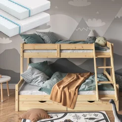 Etagenbett Everest Naturholz 140x200 / 90x200 cm mit 2 Matratzen und 2 Schubkästen Vitalispa