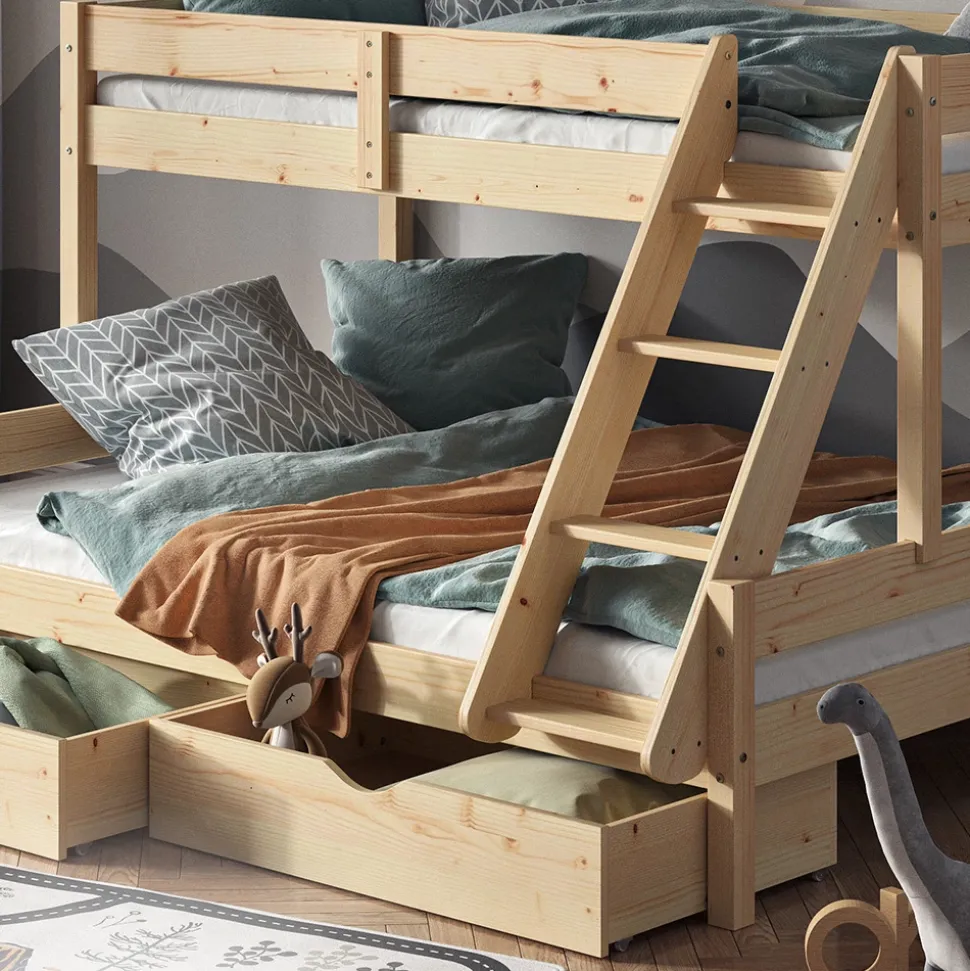 Etagenbett Everest Naturholz 140x200 / 90x200 cm mit 2 Matratzen und 2 Schubkästen Vitalispa