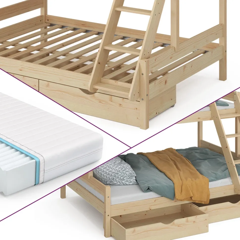 Etagenbett Everest Naturholz 140x200 / 90x200 cm mit 2 Matratzen und 2 Schubkästen Vitalispa