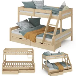Etagenbett Everest Naturholz 140x200 / 90x200 cm mit 2 Matratzen und 2 Schubkästen Vitalispa